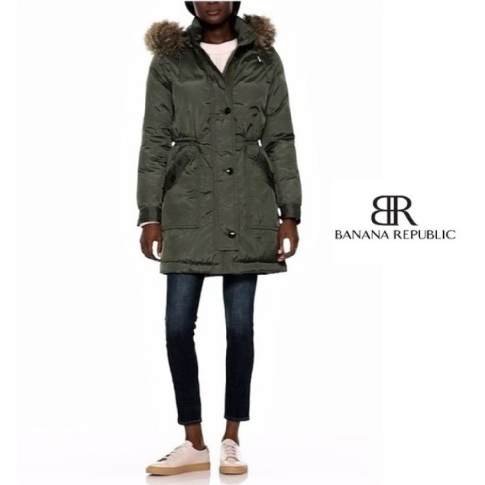 Banana Republic Green Parka Faux Fur Hood Puffer, XSmall